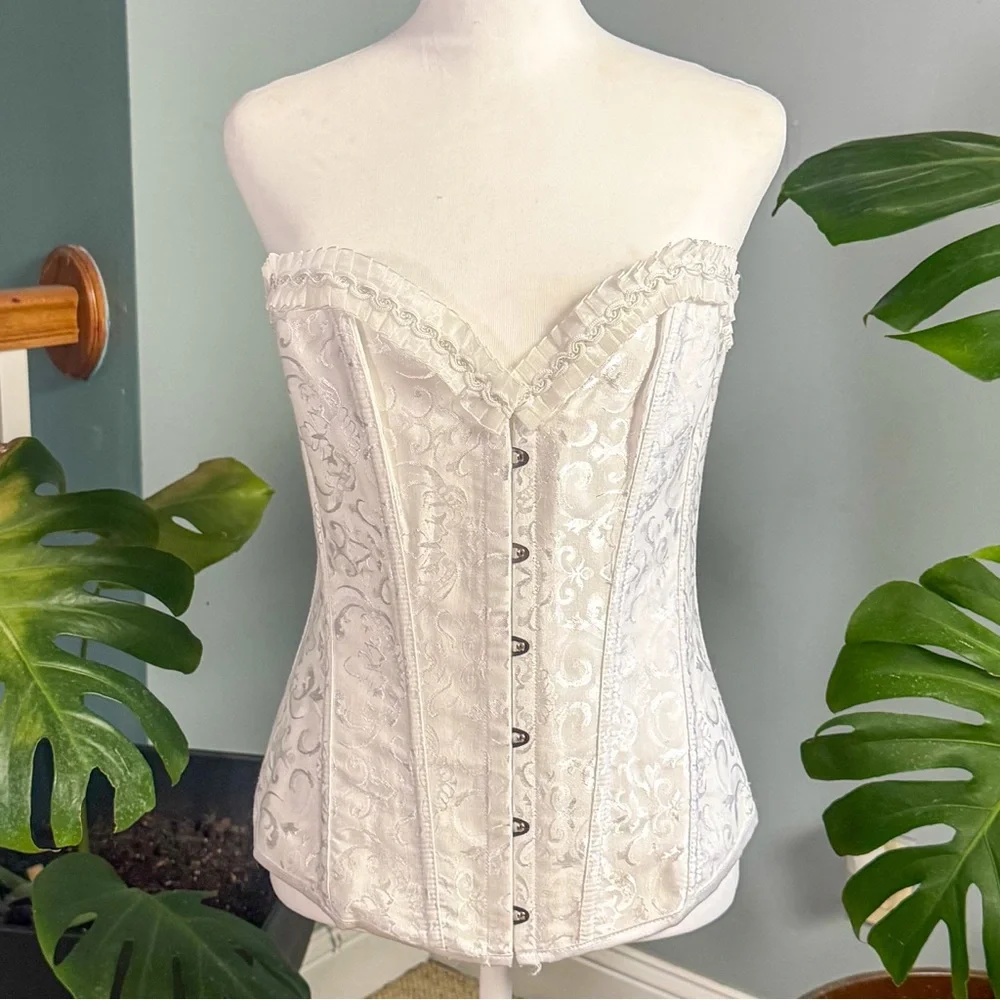 White Lace Up Corset Top XL – Romantic Ivory Brocade Bustier